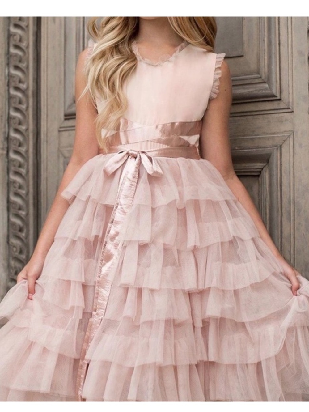 Joyfolie Girls' Pink Ruffle Tulle Party Dress with Satin Sash